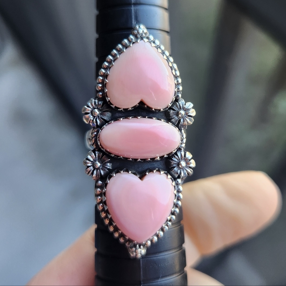 Handmade Sterling Silver 925 Queen Pink Conch Double Heart Crawler Ring Size 8 - Picture 8 of 9